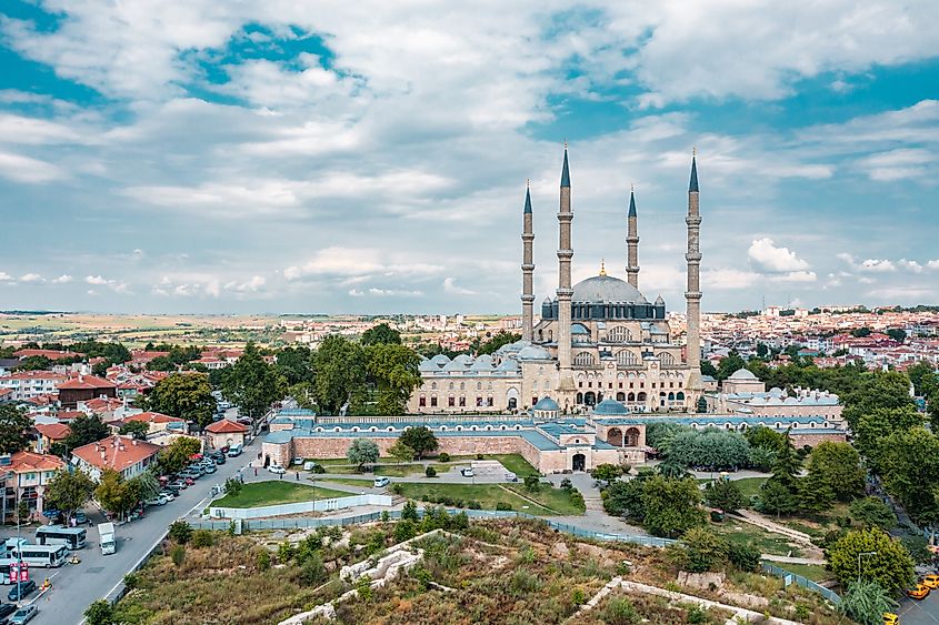 Selimiye Mosque, aerial view taken with a drone. The building, built by Mimar Sinan, has been included in the UNESCO World Heritage List. Edirne, Turkey.