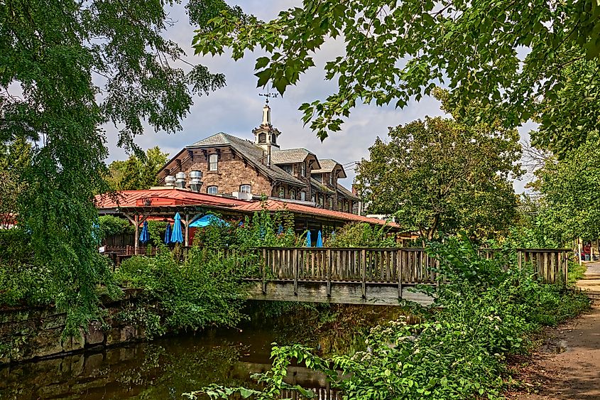 A small wooden bridge crossing the Delaware River Canal in Lambertville, New Jersey.