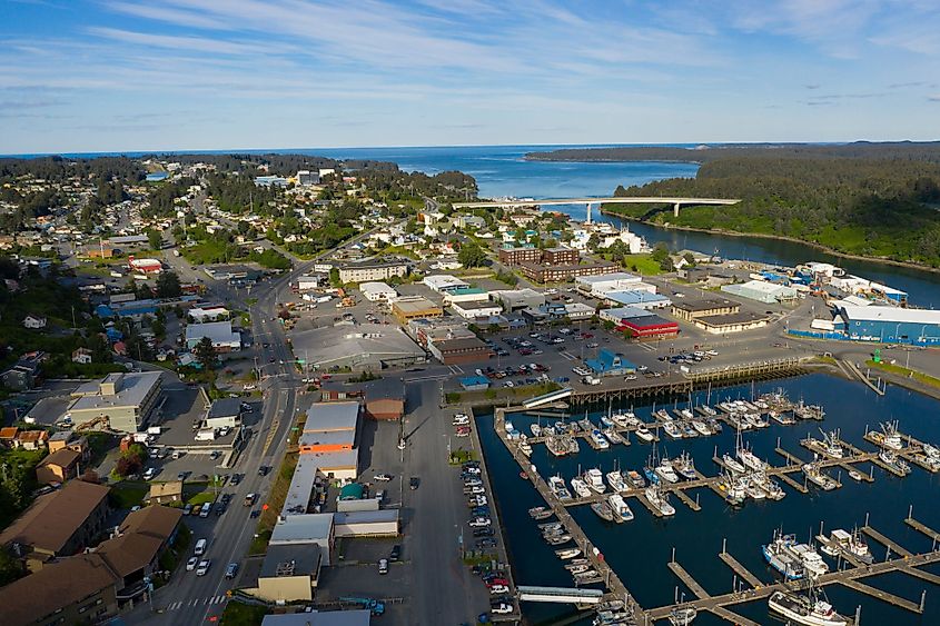 Aerial view over the Marina boats and harbor on Kodiak Island