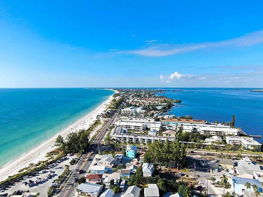 Aerial view of Anna Maria Island town and beaches, barrier island on Florida Gulf Coast.