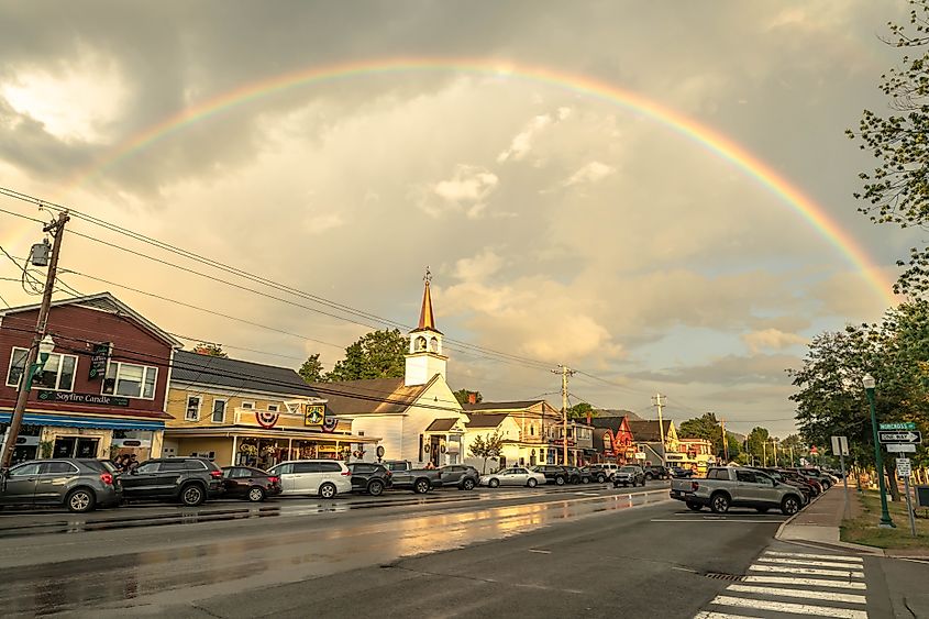 A rainbow over downtown North Conway, New Hampshire