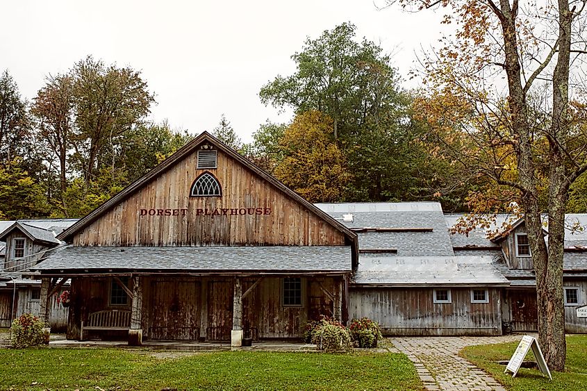 Wooden exterior of the Dorset Playhouse on a cold day in Dorset, Vermont