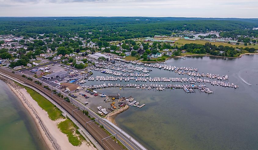 Niantic Beach and Port Marina aerial view in a cloudy day between Niantic River and Niantic Bay in village of Niantic, East Lyme, Connecticut 