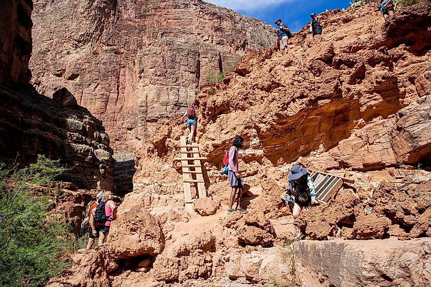Hikers descending into the canyon near Beaver Falls in Supai, Arizona. Editorial credit: Tangent Imagez / Shutterstock.com