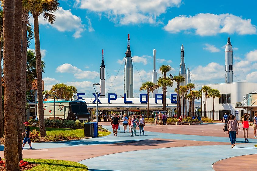 Entrance to Kennedy Space Center Visitor Complex in Cape Canaveral, Florida.