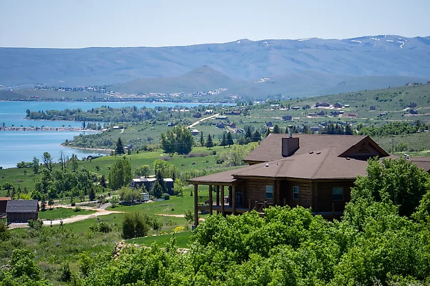 Aerial View of Garden City, Utah on the shore of Bear Lake