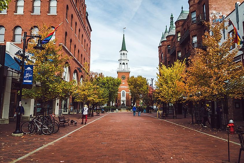 People walking down the street, Burlington Vermont Church Street Marketplace in downtown