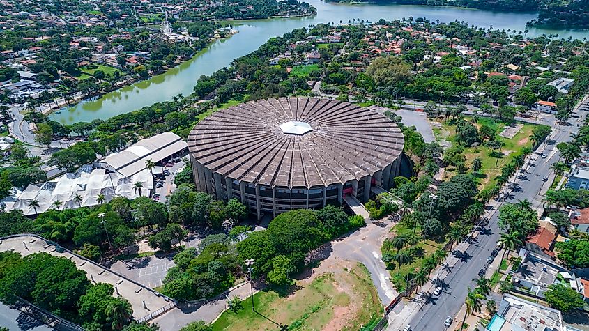 Aerial view of the Mineirinho with the Pampulha lagoon in the background