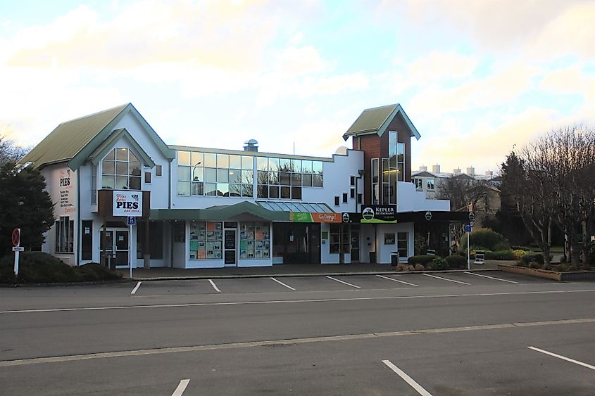 Stores in the quiet centre of Te Anau, New Zealand.
