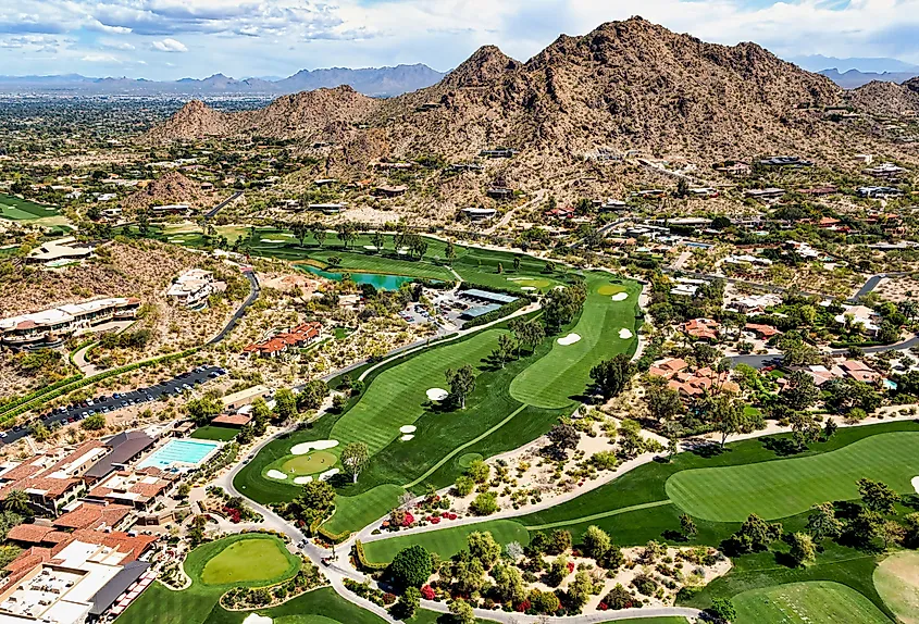 Golf course in Paradise Valley, Arizona, with Mummy Mountain and the McDowell Mountains beyond