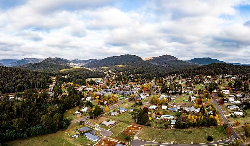 An aerial view from a drone on a cool autumn day over Marysville, Victoria, Australia