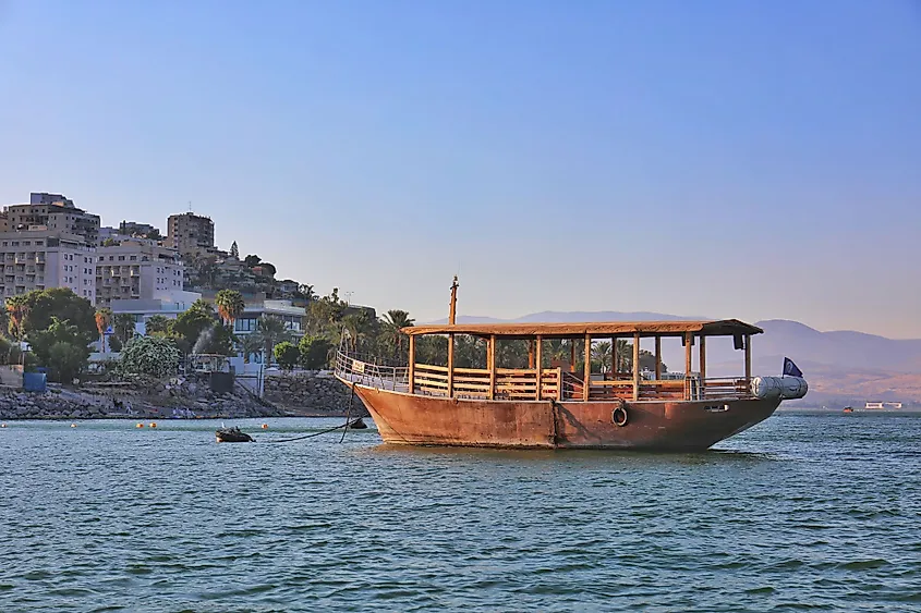 Boats in the Sea of Galilee in Israel. 