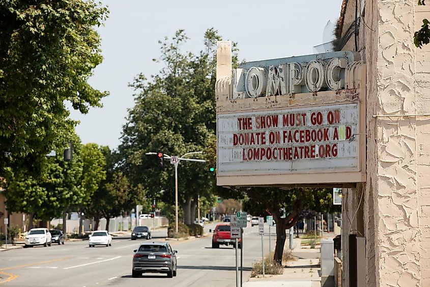 Midday sun shines on the historic downtown Lompoc Theatre, via Matt Gush / Shutterstock.com