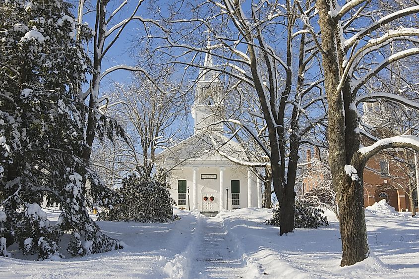 Country church in winter, Wiscasset, Maine.