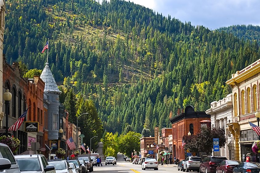 Main street with turn-of-the-century brick buildings in the historic mining town of Wallace, Idaho, USA.