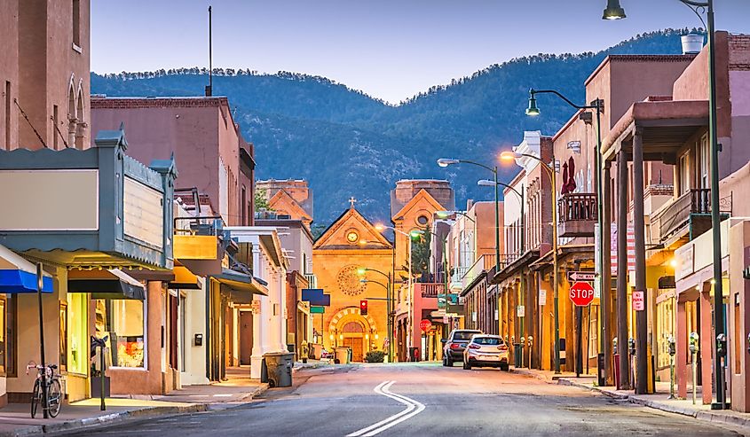 Santa Fe, New Mexico, US downtown at dusk.