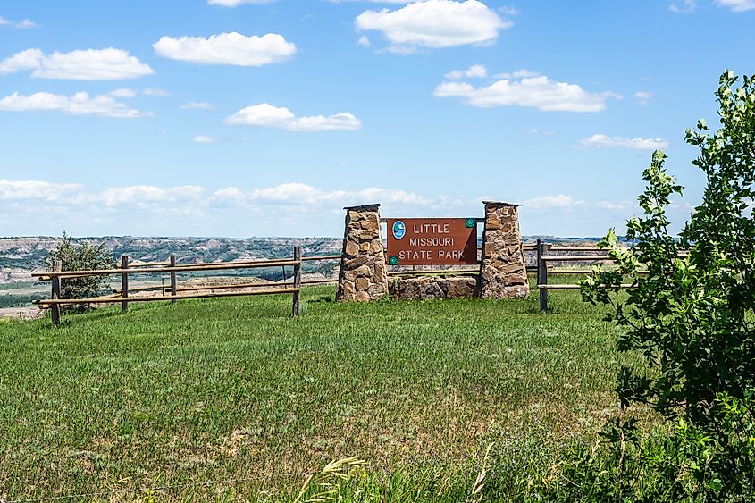 Little Missouri State Park sign against beautiful canyon landscape, Killdeer, North Dakota. 