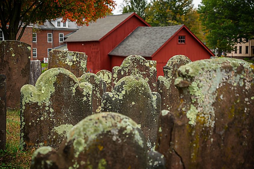 Old moss-covered headstones in Wethersfield Village Cemetery