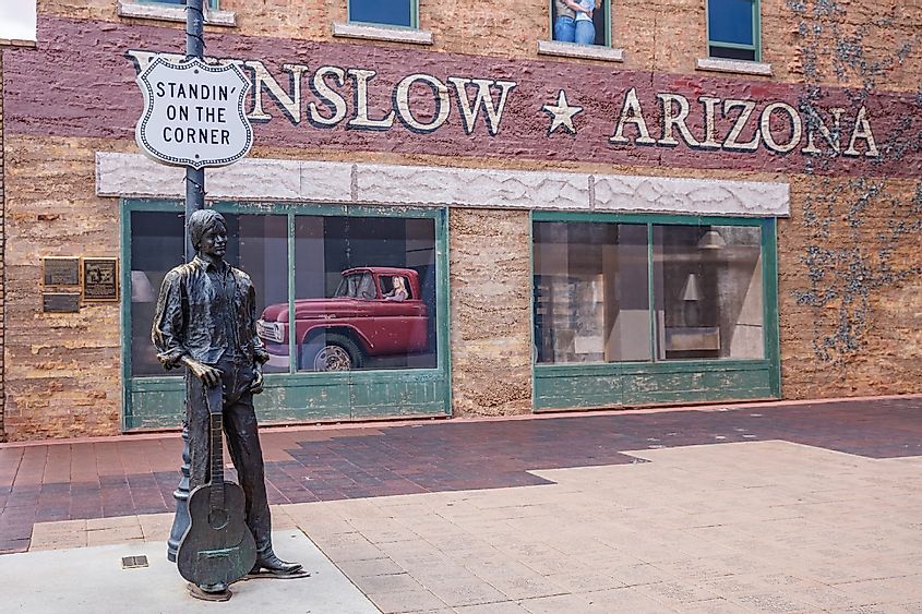 Standing on the corner statue, in Winslow, Arizona