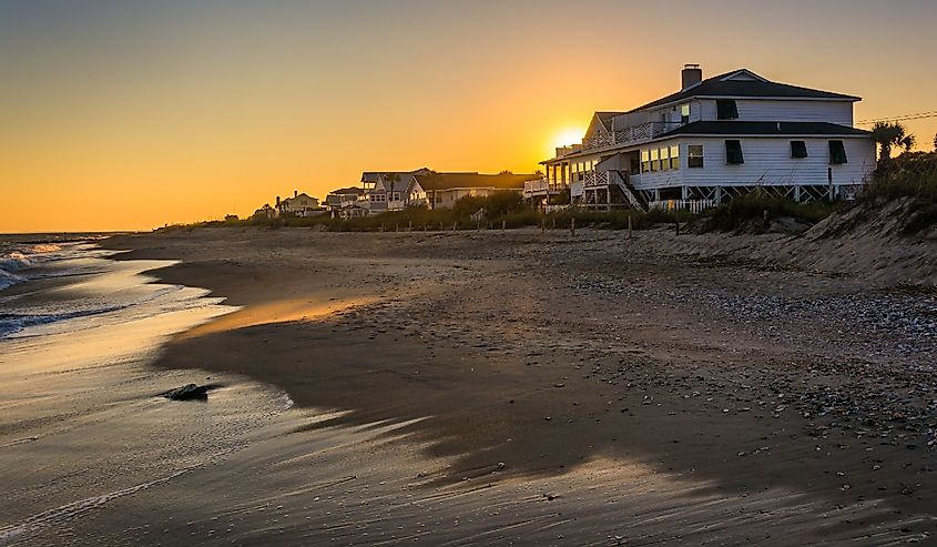 Sunset over beachfront homes at Edisto Beach, South Carolina.