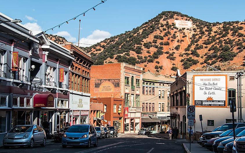 Downtown Bisbee, Arizona and the large "B" on the hillside behind it, shot during late afternoon