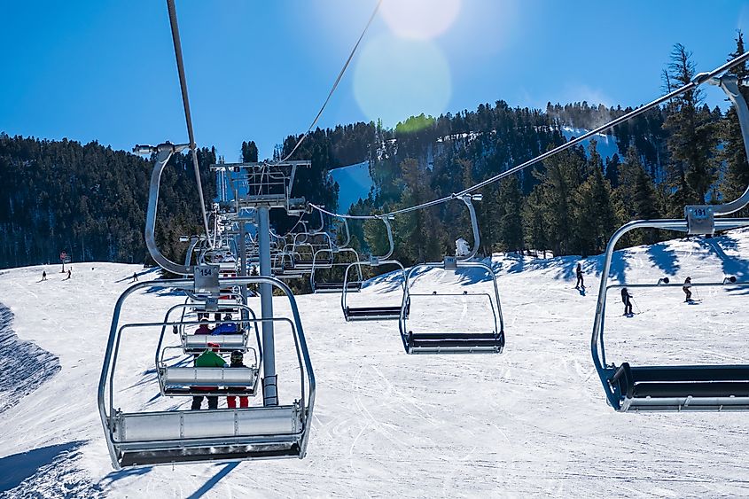 Riding up Ski lift in Red River, New Mexico, USA.