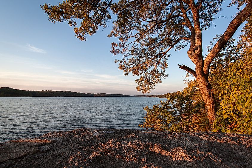 The northern shore of Lake Jacomo in Blue Springs, Missouri.