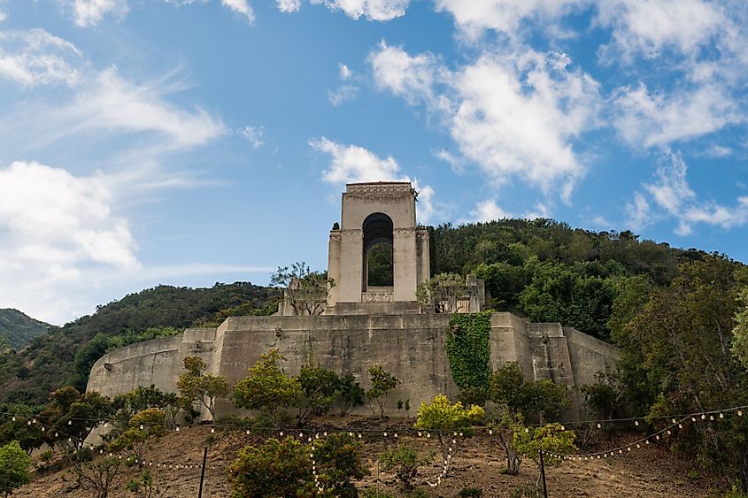 Solid concrete memorial to William Wrigley in botanic gardens near Avalon