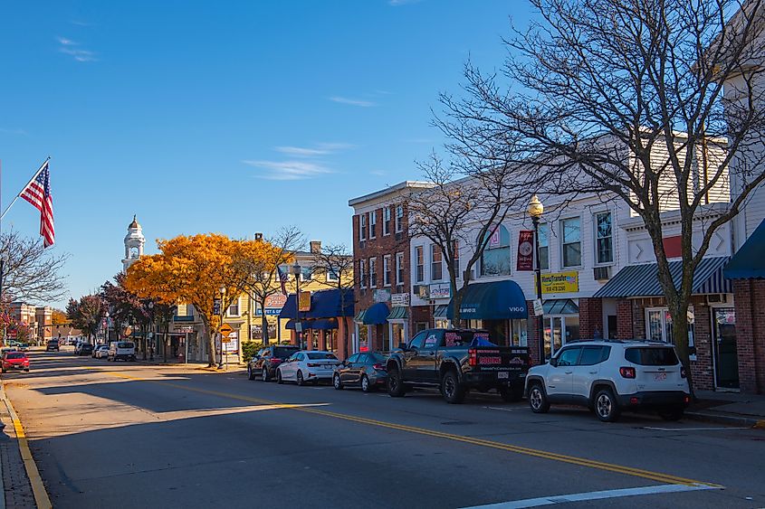Historic commercial buildings on Main Street in historic town center of Milford, Massachusetts MA.