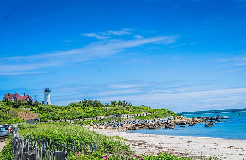 Colorful Chatham Lighthouse on the shores of Cape Cod MA.