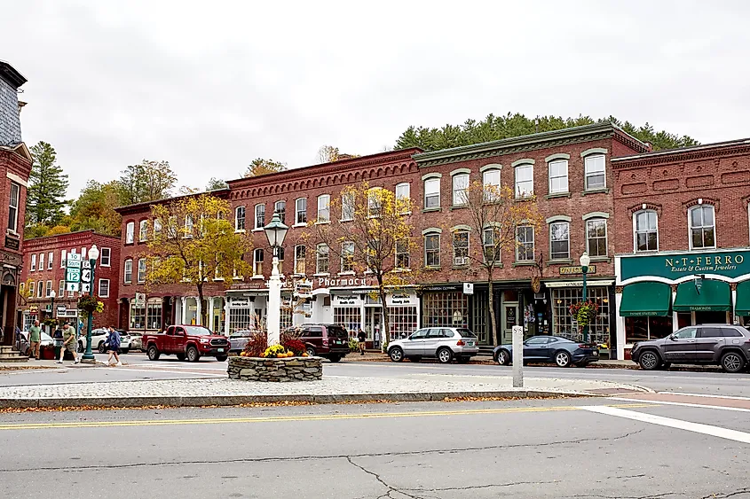 Small shops and restaurants in downtown Woodstock, Vermont