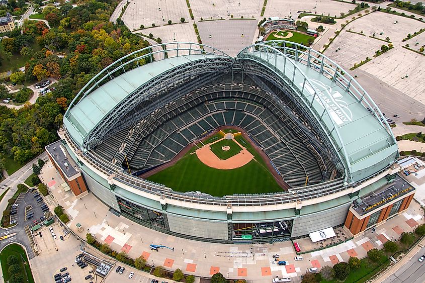 Aerial view of American Family Field in Milwaukee, Wisconsin