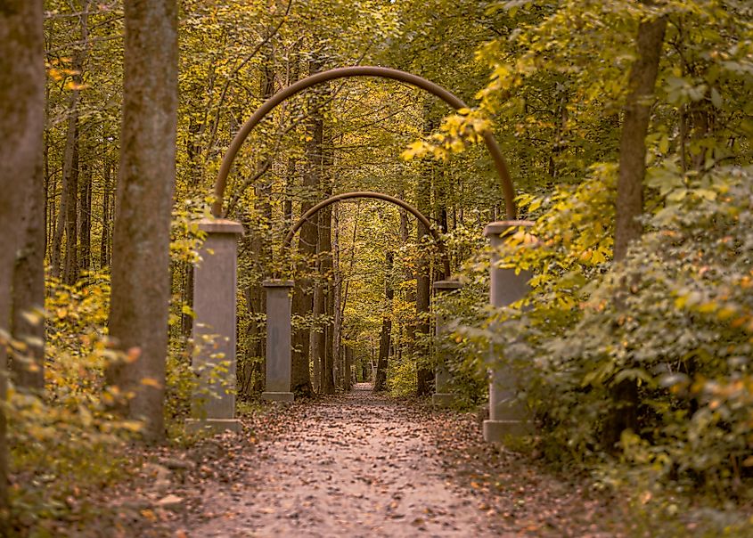 The arched walkway of Rose Island, an abandoned amusement park in Charlestown Indiana. Credit: arthurgphotography/Shutterstock.com