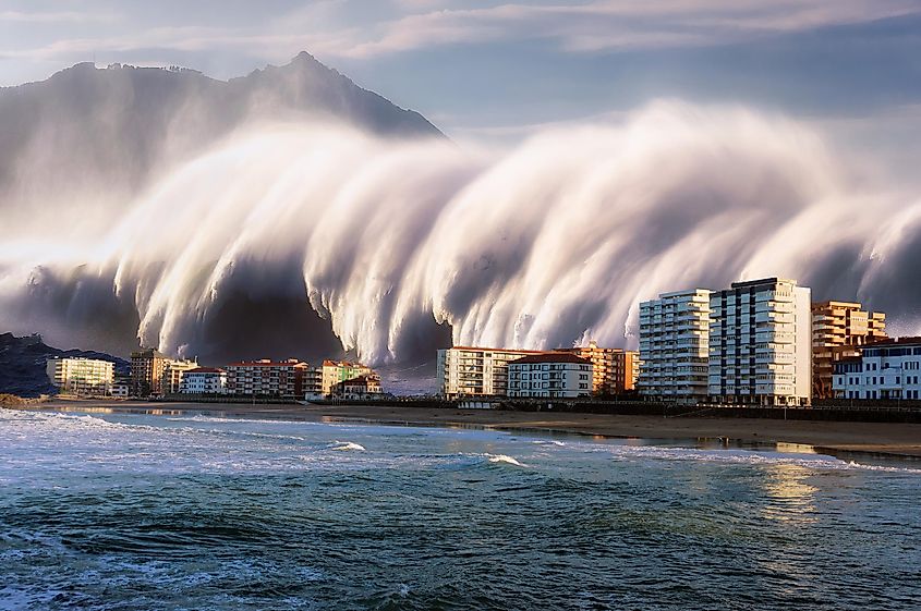 A tsunami crashing into a city.