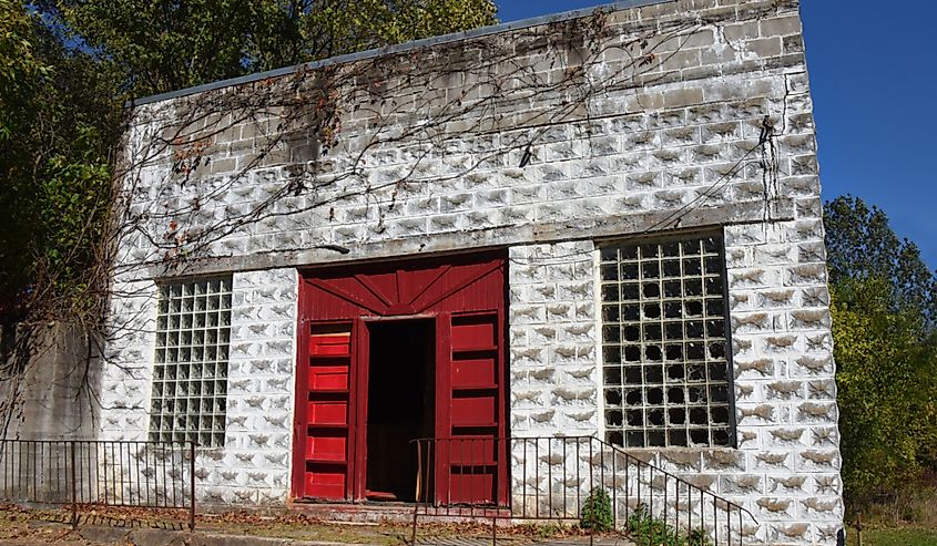 Abandoned funeral home, in Pepper Sauce Alley ghost town, in Calico Rock, Arkansas