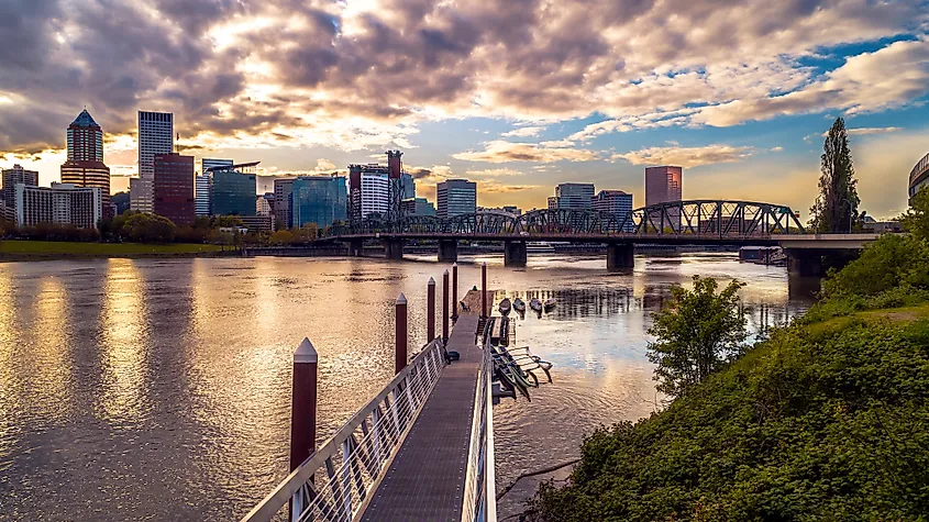 The Willamette River passing through Portland, Oregon.