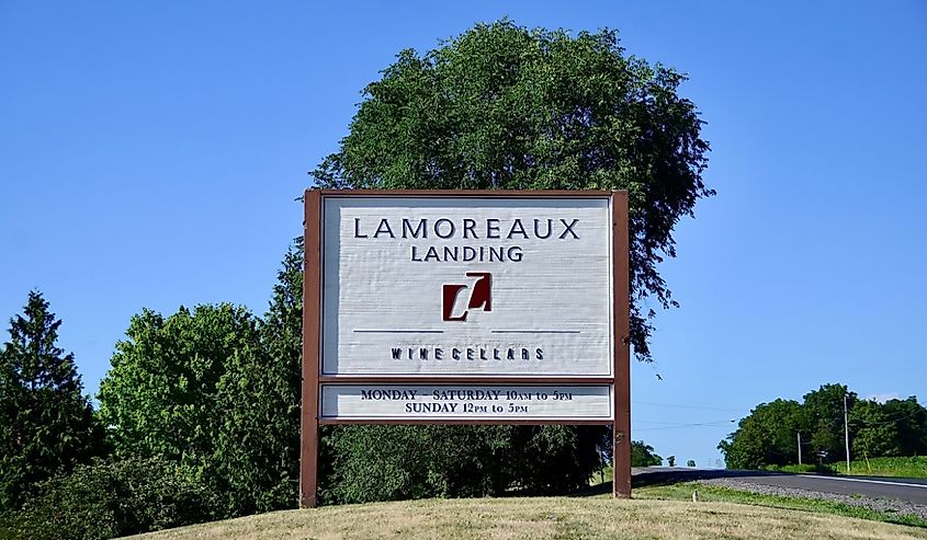 Signage of the Lamoreaux Landing Wine Cellars, located on the eastern side of Seneca lake in the heart of Finger Lakes Wine Country