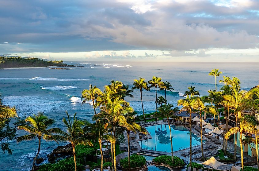 Unique view from above of large surf at Kuilima Point breaking in Turtle Bay.