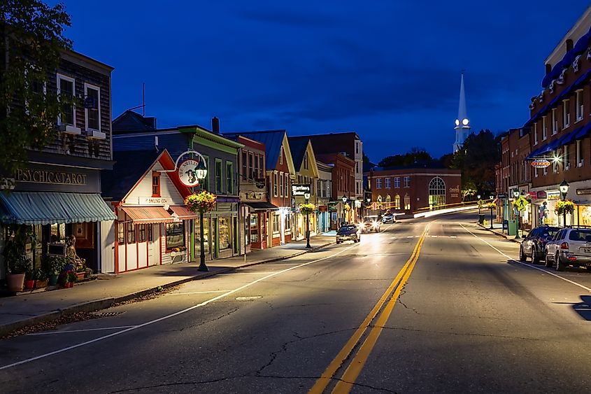 Main Street in Camden, Maine, at night.
