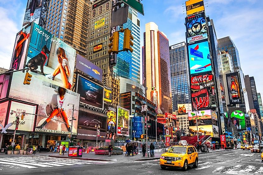 Times Square, featured with Broadway Theaters and animated LED signs, is a symbol of New York City and the United States in Manhattan, New York City.