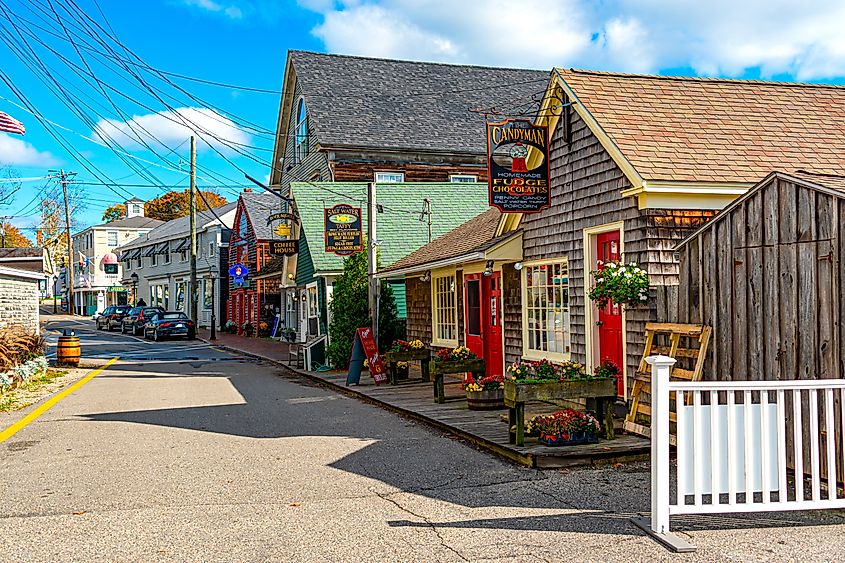 Traditional shops on Dock Square road in Kennebunkport, Maine