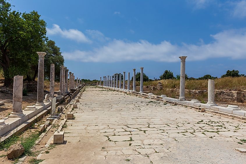 Old Roman road with columns in the ancient town Side in Manavgat in Turkey.