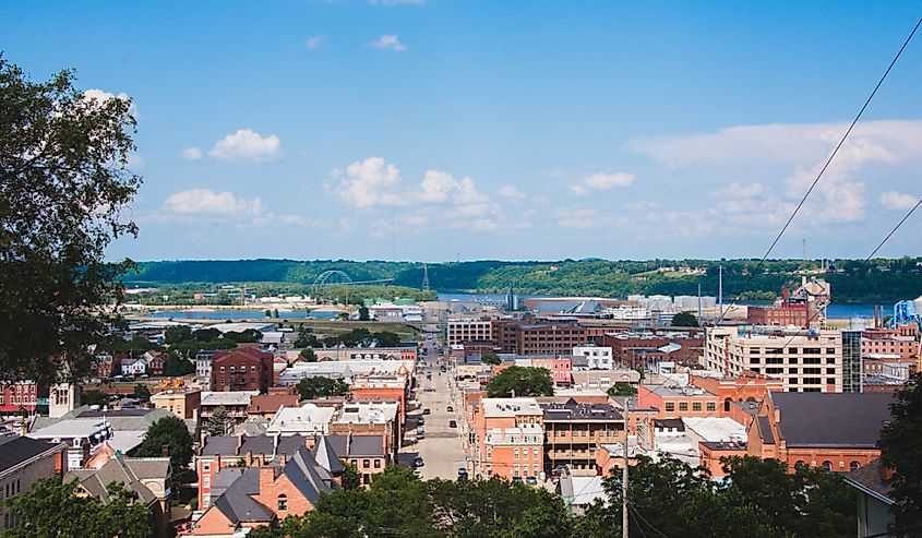 Overlooking Historic Dubuque Iowa, small city streets and buildings featuring older architecture and city skylines.