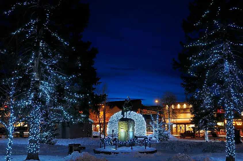 Holiday decorations at the town square in Jackson, Wyoming.