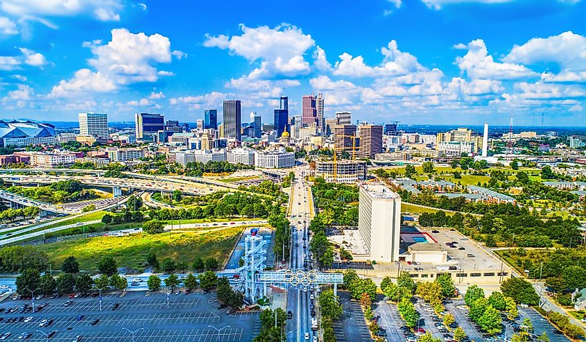 Aerial view of Atlanta skyline.