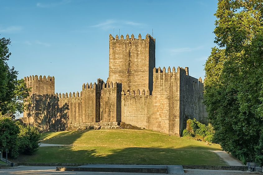 Guimaraes Castle at sunrise in Portugal.