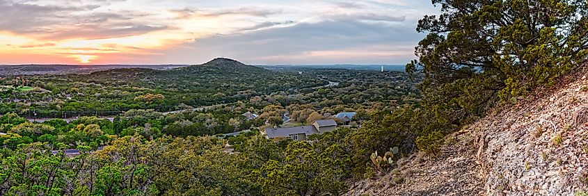 Sunset Panorama of Wimberley and Blanco River Valley from the top of Mt Baldy