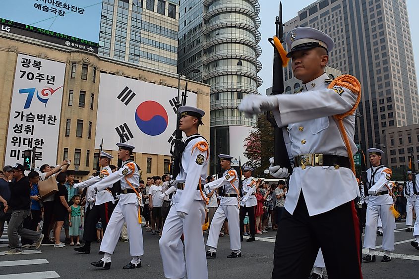 South Korean soldiers march during the country's 70th anniversary of independence from Japanese colonization.