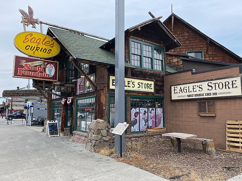 The old fashioned and campy exterior of Eagle's Store in West Yellowstone, MT. 