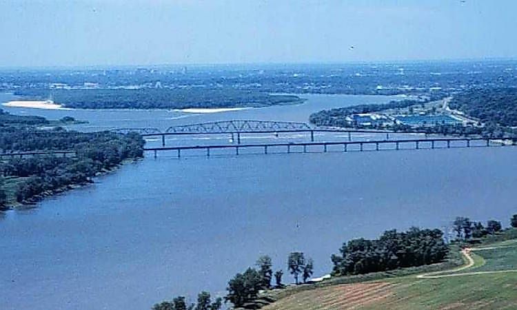 The Mississippi River at the Chain of Rocks, where the main channel of North America's largest river system flows past Missouri and Illinois.